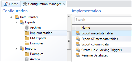 The Implementation options in the Data Transfer | Exports component