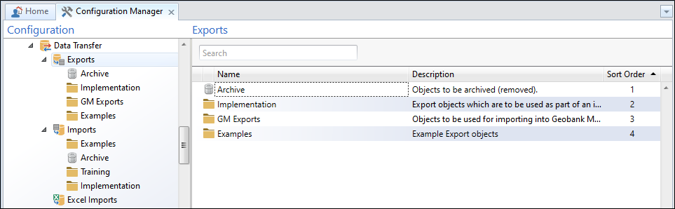 The Exports options in the Data Transfer section of the Configuration Manager