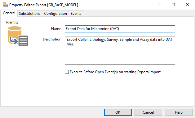 The General tab of the Property Editor: Export form
