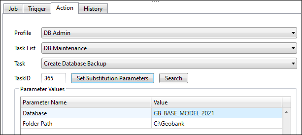 The Action tab with the Parameter Values displayed