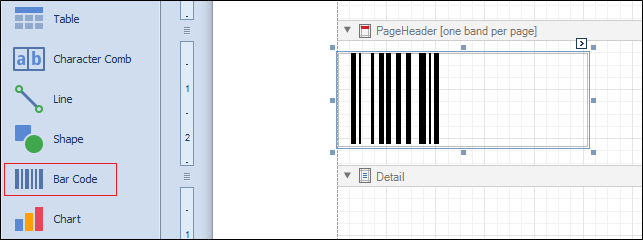 The Bar Code button with a bar code inserted in a report