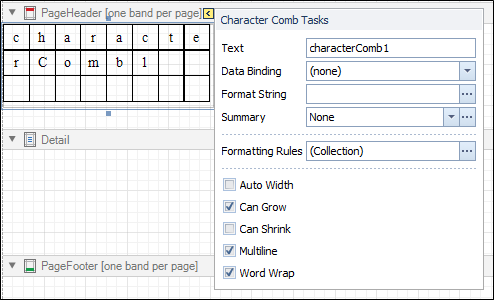 The Character Comb Tasks menu from the smart tag