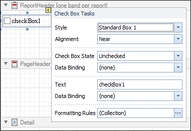 The Check Box Tasks menu opened from the smart tag
