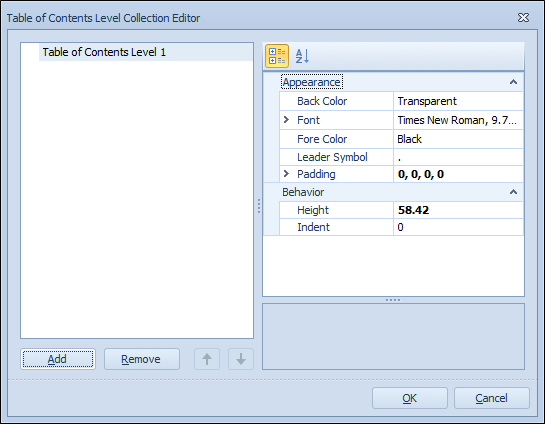 The Table of Contents Level Collection Editor form