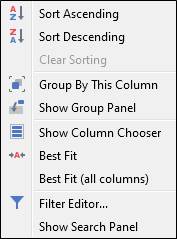 The Job Scheduler column header shortcut menu
