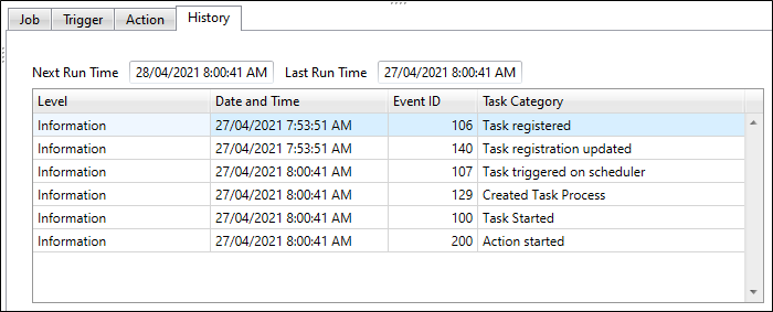 The History tab of the Job Scheduler