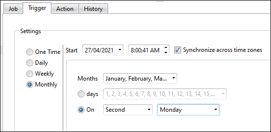The Trigger tab with the Monthly option selected