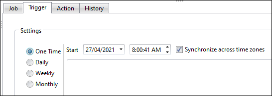 The Trigger tab options with One Time selected