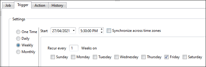 The Trigger tab with the Weekly option selected