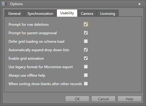 The Usability tab of the Options form