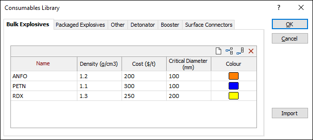 The Bulk Explosives tab of the Consumables Library form