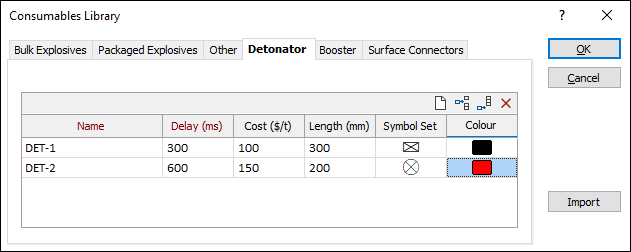 The Detonator tab of the Consumables Library form