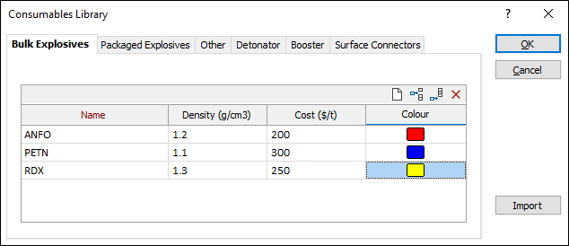 The Bulk Explosives tab of the Consumables Library form