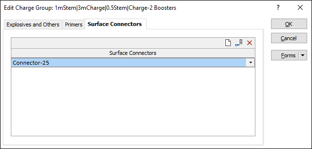 The Surface Connectors tab of the Edit Charge Group form