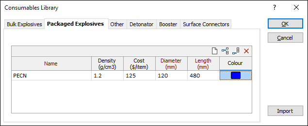 The Packaged Explosives tab of the Consumables Library form