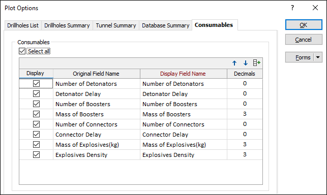 The Consumables tab of the Plot Options form
